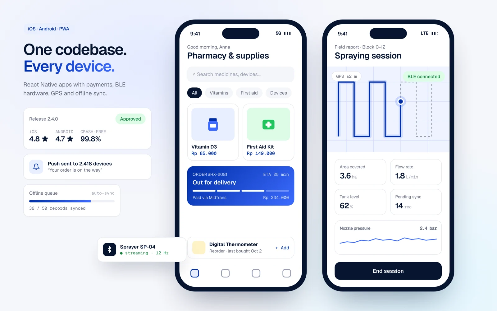 Two phone screens: a pharmacy shopping app and a field spraying report with GPS and BLE status